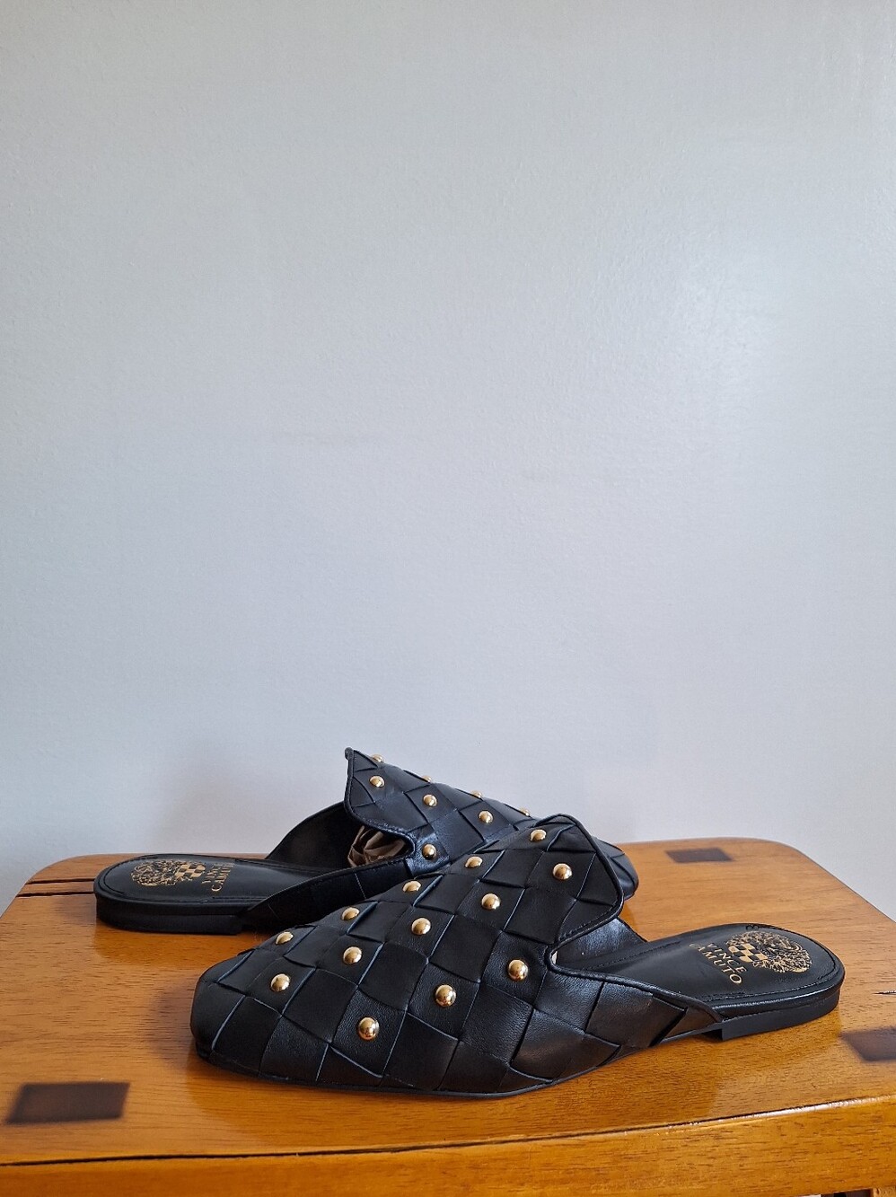 Vince Camuto Black Woven Slide Mules with Gold Stud Accents Women's Size 8.5